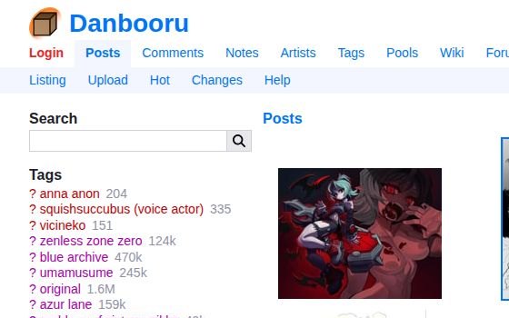 Danbooru mit Logo, Suche und Tag-Panel oben links